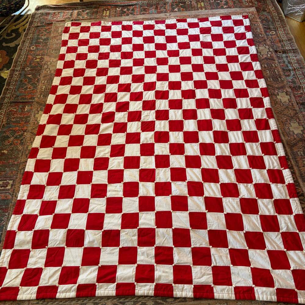 Vintage Handmade Red White Checkered Quilt 65x94 Patchwork Bedspread Twin XL